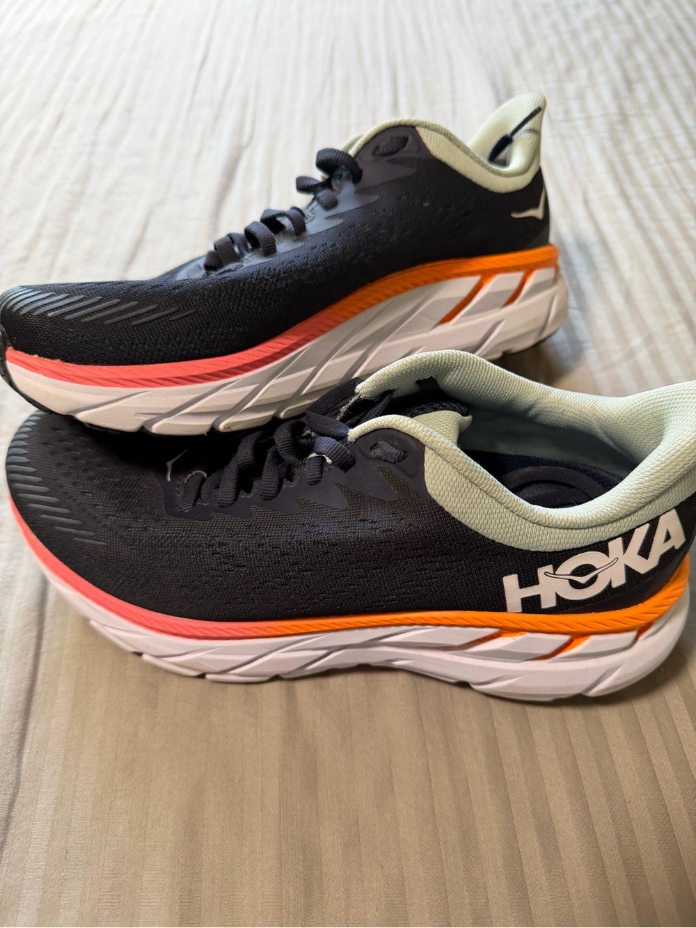 HOKA Womans Clifton 7 Size 7D - Wide Blue Running Shoes with Orange Accent